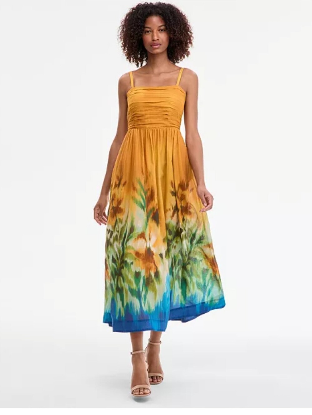 Tahari ASL NWT Mustard Haze Border Print Ruched Midi Cotton Dress Size 10 $179
